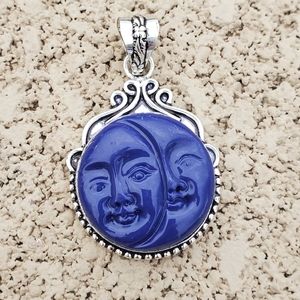 New Carved Double Moon Face 925 Silver Pendant.